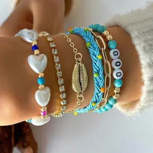 Blue 5pc/set Starfish Shell Ocean Conch Party Girls Casual Cute Trendy Bead Bohemia Bracelets For Women Bracelets Female Jewelry