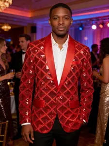 Men's Rhinestone Suit Party Performance Costume, Christmas Gift, Best Christmas Party Suit, Large Diamond Pattern, 1 Piece