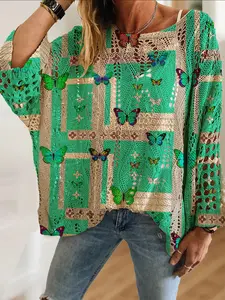 Women's Boho Mint Geometric Colorblock Butterfly Print Knit Top, Loose Fit Batwing Shoulder, Casual Elegant Sweater for All Seasons