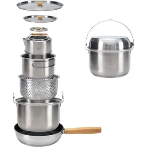 KingCamp  Cookware Set 304 Stainless Steel Campfire Cooking Pots Pan and Kettle with Travel Tote Bag for  Outdoor Kitchen Cooking Picnic for 4-6 Adjustable Folding Camping Cot Mattress Swivel Headrest Chair Enhancer Weighing Function