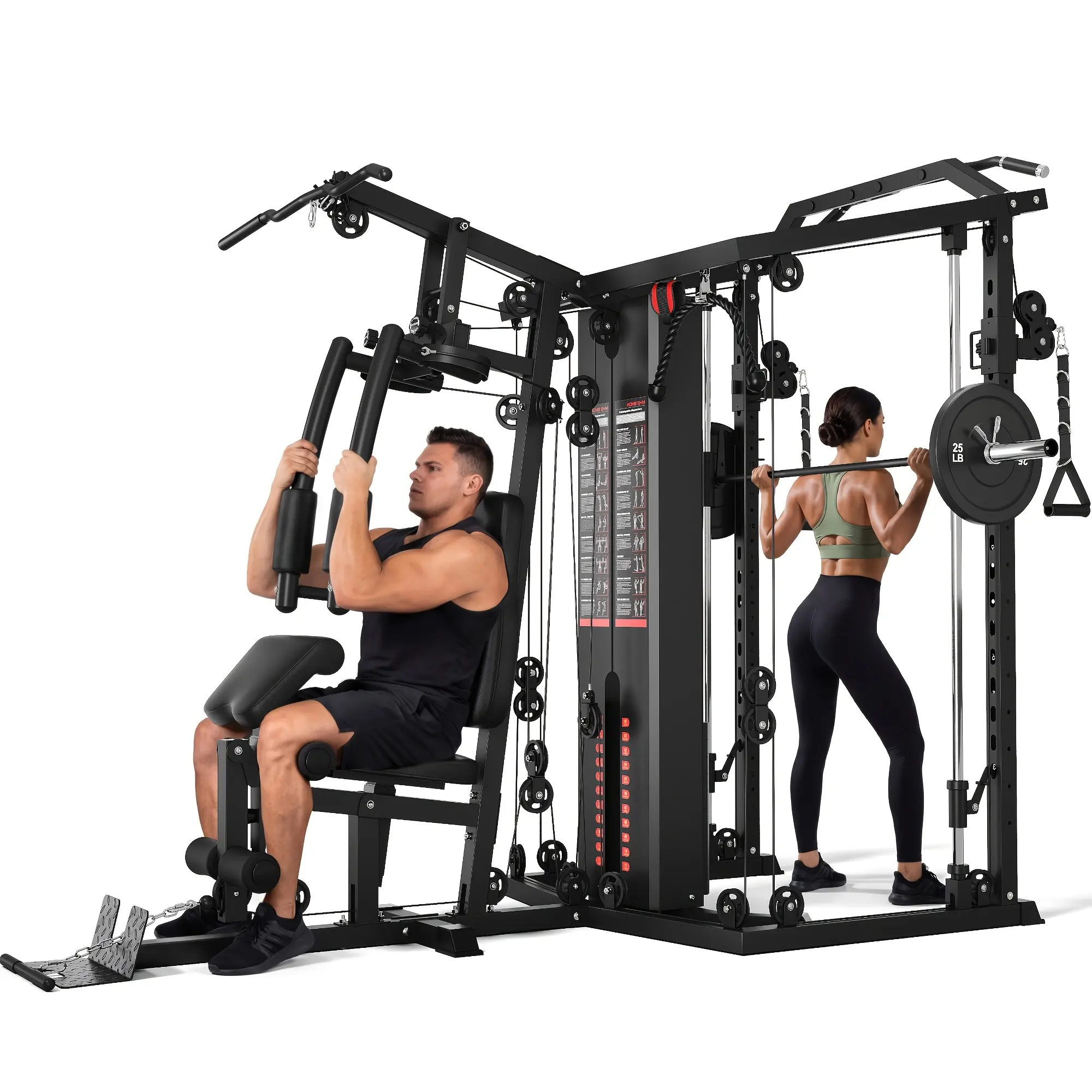 Mitonos Dual-Station Smith Machine Home Gym, 140LB Weight Stack with LAT Pull-Down And Leg Press, All-In-One Workout Station for Couples And Family Strength Training, Without Battery
