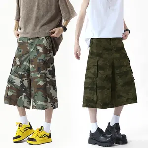 Men's Oversized Camo Cargo Shorts 100% Cotton Baggy Streetwear Shorts (Woodland/Olive Drab)Menswear Tropical