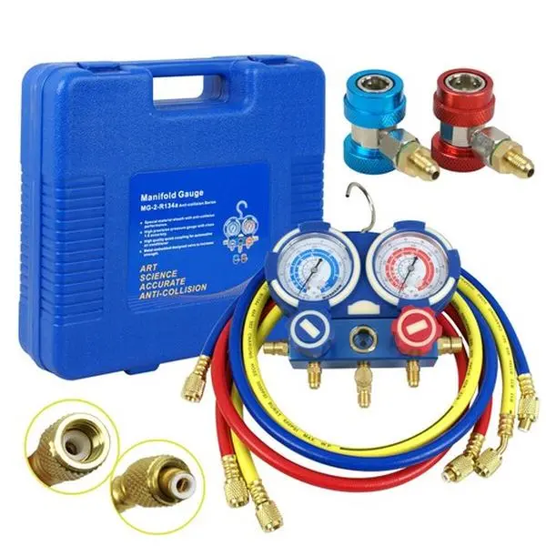 Zeny Brass AC Manifold Gauge Set - HVAC A/C Refrigeration Kit for R134A, R410A, R22 Refrigerants, Includes 1 x Manifold, 1 x Blue Low Side Hose, 1/4" Standard SAE for Business Use (ac gauges)