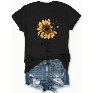 Women's Sunflower and Butterfly Graphic T-Shirt - 100% Cotton Casual Gray Short Sleeve Top, Perfect for Spring & Summer Fashion, Printed Love Design Womenswear Tshirt