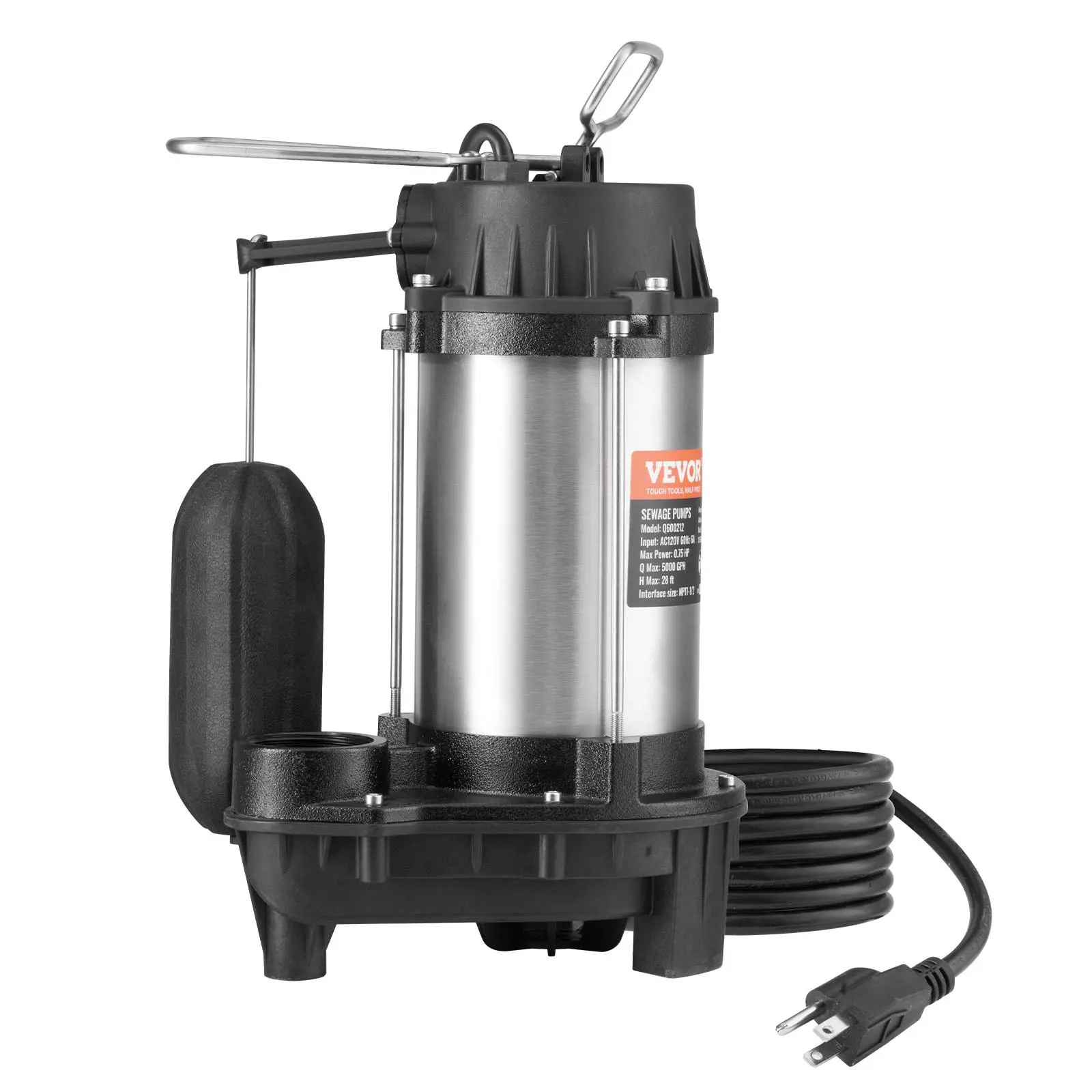 【summerfinds】VEVOR Submersible Sewage Pump, 0.75HP 5000 GPH, Cast Iron Sewage Water Pump with 28 ft Lift 10 ft Power Cord and Automatic Float Switch, Stainless Steel for Clean Flooded Basement Yard Farm Sewer