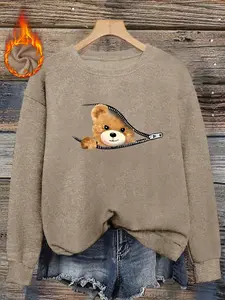 Women's Fall Winter Fitted Round Neck Sweater Top, Soft Plush Fabric, Cute Bear Zipper Print, Casual Style, Warm and Cozy Atmosphere