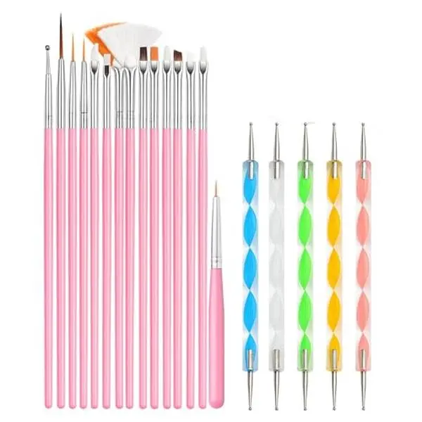 15PCS Nail Painting Brushes Kit and 5PCS Double Ended Dotting Pens for Acrylic Nails, Gel Polish, Hand Painting, Detailing & Design