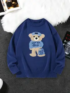 Men's Cartoon Bear Print Drop Shoulder Sweater Pullover, Graphic Print Sweater, Regular Fit Casual Long Sleeve Round Neck Jumper for Fall & Winter, Fashion Men's Knitwear for Daily Wear