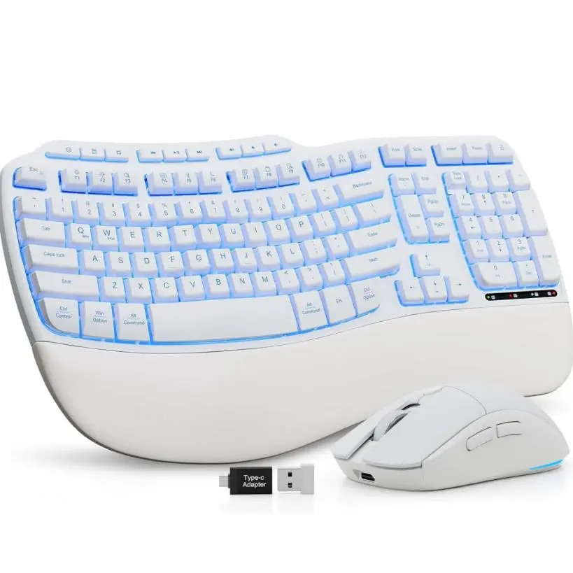 SABLUTE MA31 Ergonomic Wireless Keyboard & Mouse Combo Rechargeable 4000mAh Backlit Soft Faux Lambskin Palm Rest Wave Keys for Natural Typing Compatible Windows Mac Chromes OS Pastel Color(non-bluetooth)