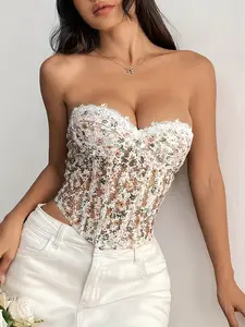 Vintage Ditsy Floral Lace Women's Fishbone Bra, Sexy Fishbone Crop Top, Elegant Mesh Strap Backless Vest, Retro Push-Up Tank, Party Night Outwear Womenswear