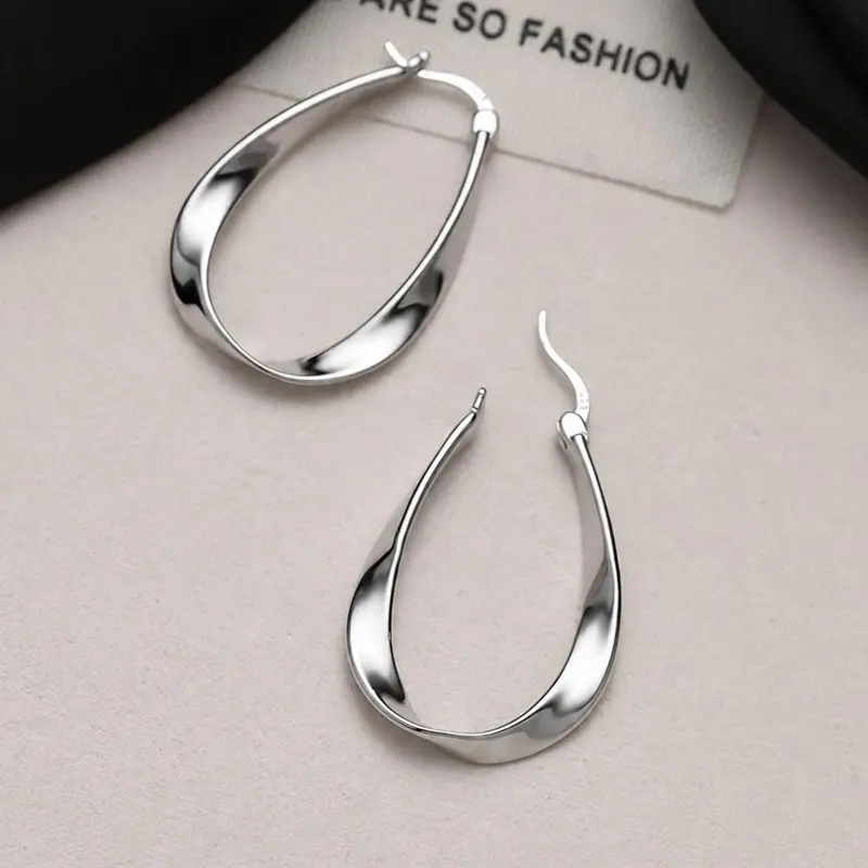 Women's Silver-Plated Brass Twisted Mobius Twisted Hoops Earrings - 1.2 in x 0.8 in Lightweight Medium Earrings for Women, Unique Daily Costume Jewelry, Avoid Perfume/Lotions, Fashion Accessories Gifts for Adults