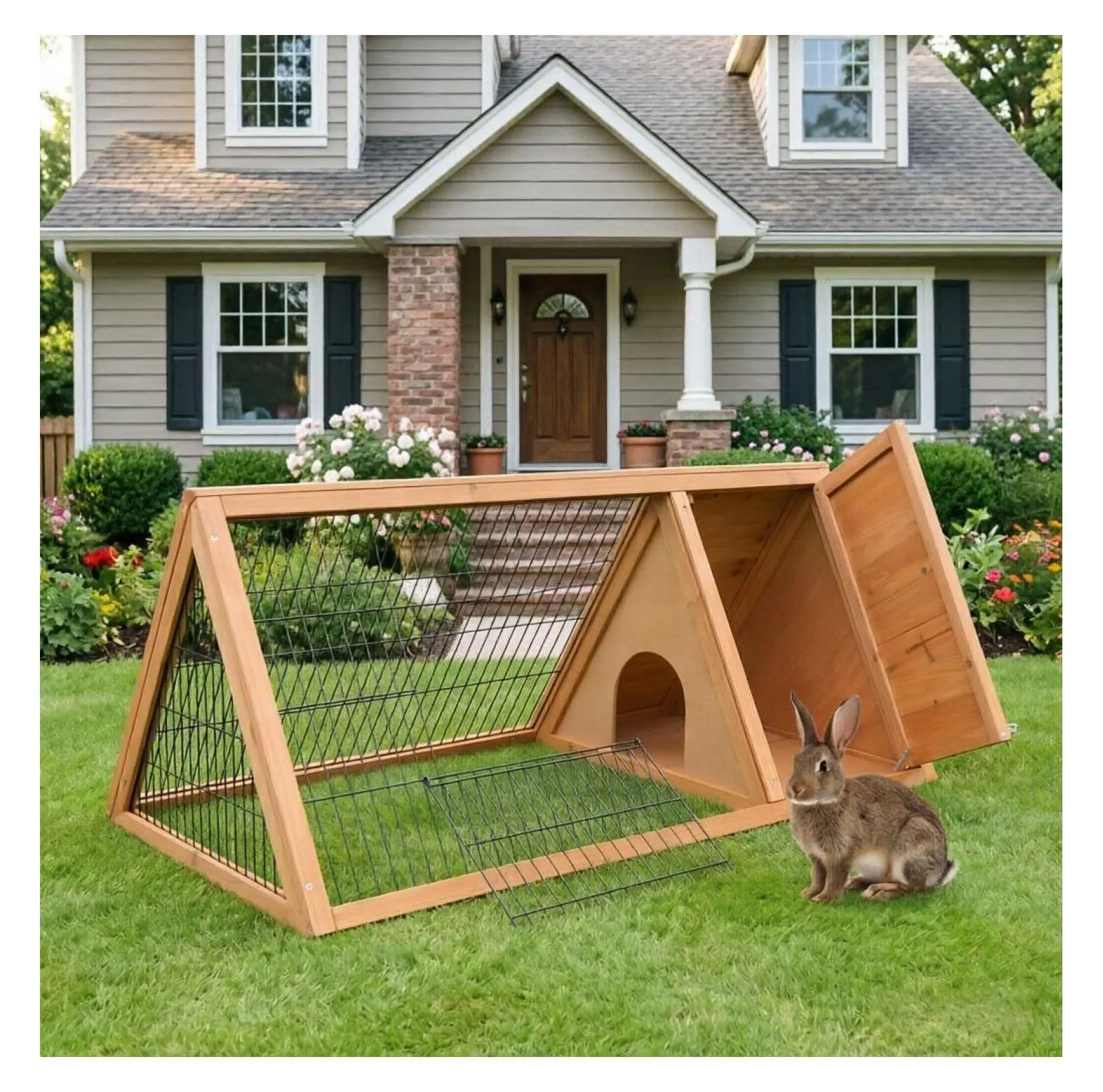 Outdoor Wooden Rabbit Hutch - 45.75in L x 24.5in W x 20.75in H Yellow Fir Single Unit Secure Shelter, Wire Mesh Run, Internal Door, Lightweight Triangular Design, Private Sleeping Area, Robust Construction for Rabbits/Chickens