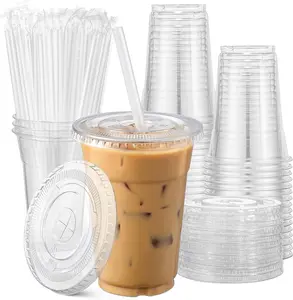 Freshware Clear Plastic Cups with Flat Lids and Straws [100 Cups - 20 oz] Disposable Tumblers for Iced Coffee, Smoothie, Milkshake, Cold Drinks dessert food safe iced coffee cup iced coffee cup