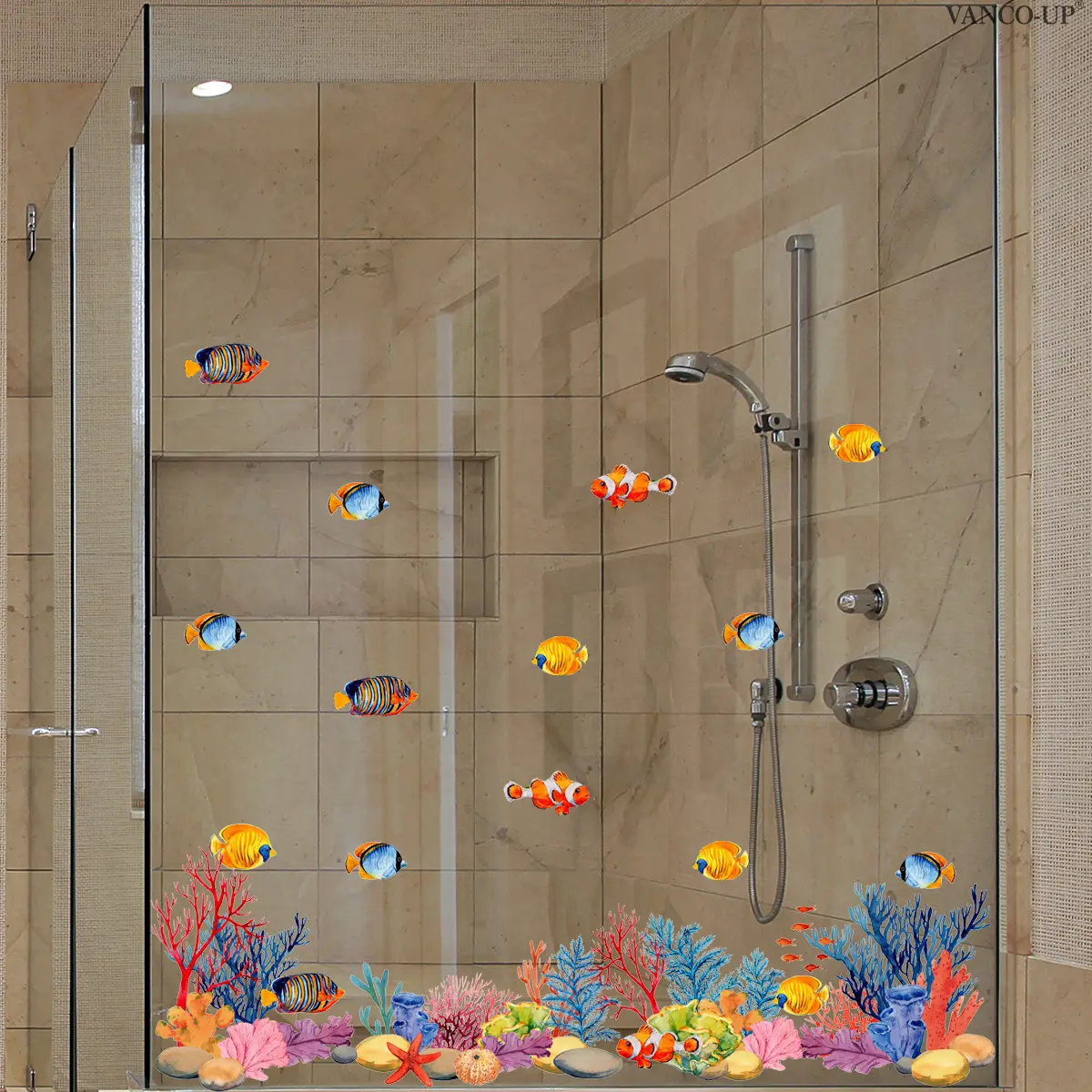 A 2D flat window sticker with tropical fish and starfish on the seabed (30*90cm), electrostatic glass sticker for window decoration, D21957-YC