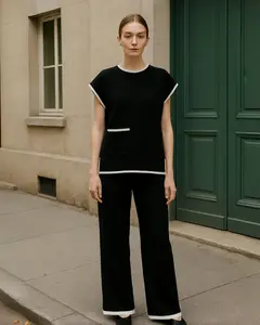 Women's 2 Piece Knit Sweater Set – Short Sleeve Pullover Top and Wide Leg Pants Lounge Outfit – Soft Comfy Matching Knitwear Tracksuit for  Casual Office Home Loungewear Shortsleeve