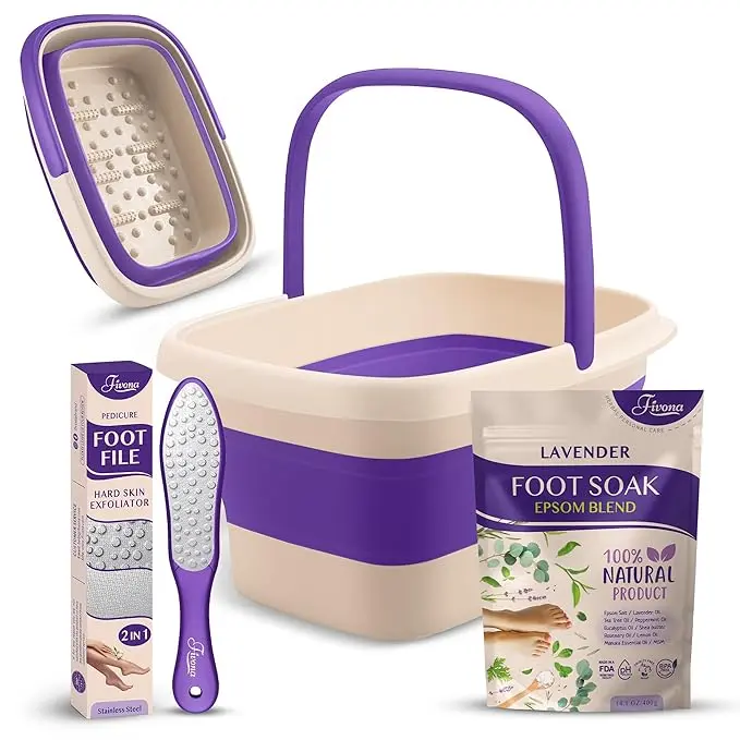 Fivona Foot Care Kit 3 in 1 - Soak Blend with Epsom Salt, Lavender and Natural Oils - Collapsible Foot Soak Bath - Dual Foot File