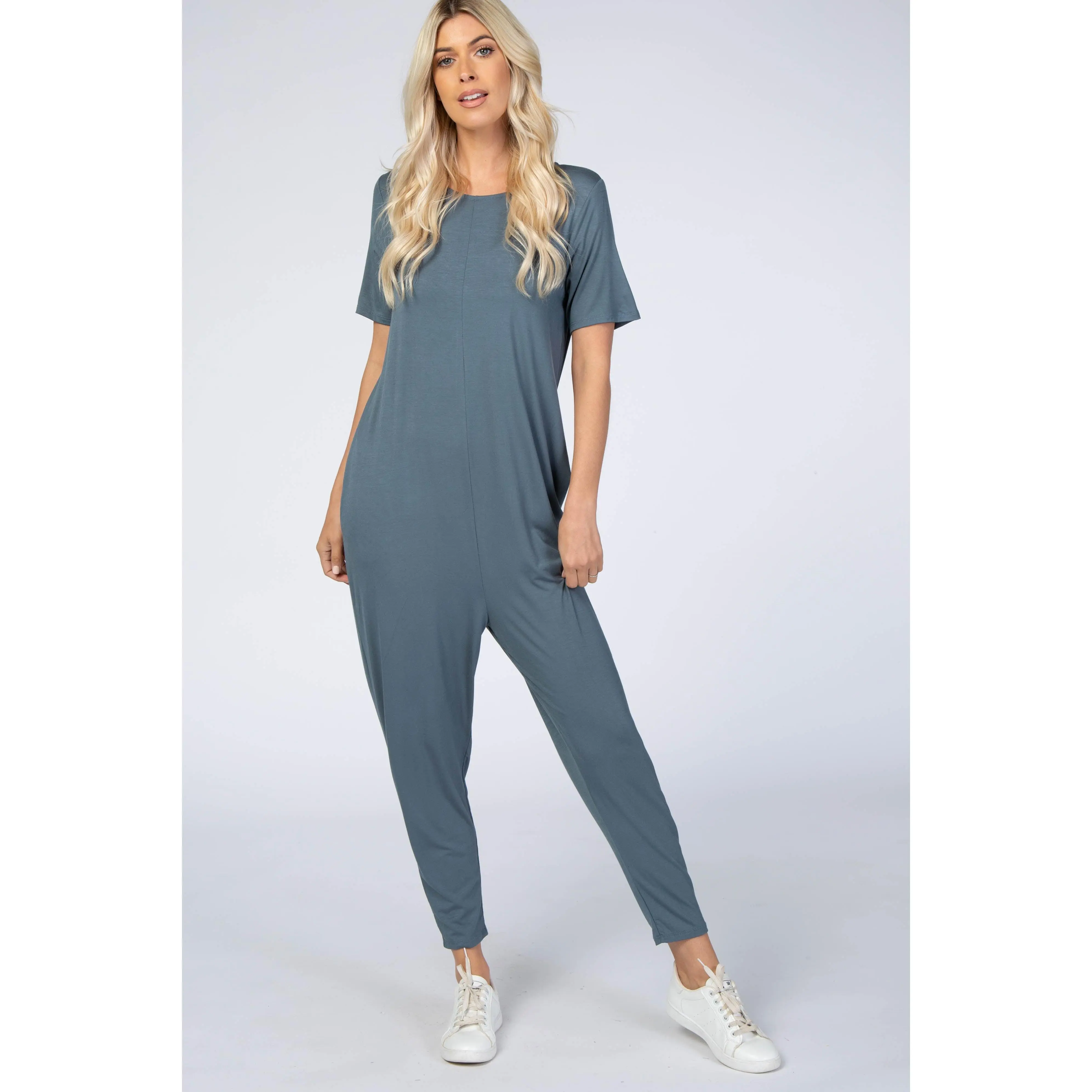 Women's Dark Teal Basic Short-Sleeve Casual Jumpsuit, Women's Overalls Clothes