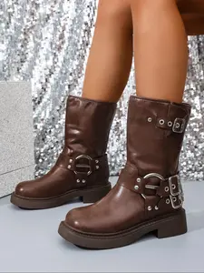 Women's Thick Rubber Sole Knight Boots, Vintage Classic Square Toe Low Heel Motorcycle Mid-Calf Short Boots, Versatile Buckle Design Western Cowboy Boots, Footwear