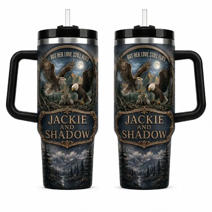 Jackie and Shadow Eagle 40oz Tumbler, Mountain Wildlife Travel Mug with Handle, Nature Lover Gift Cup