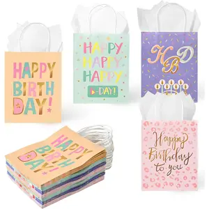 36 Pack Medium Sized Happy Birthday Paper  Bags with White Tissue Paper for Birthday Party Favors Goodies, 10x8x4 Inch (Pastel Peach, Mint Green, , )