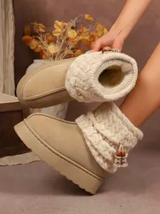 Women's Winter Warm Snow Boots, Vintage Knit Fleece Lined, Thick Sole Short Booties, Anti-Slip Cotton Shoes, Casual Style