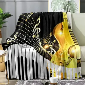 LUVIVIHOME Music Throw Blanket, Gold Music Note Black and White Piano Keys Musical Instruments Guitar Blanket, Cozy Soft Lightweight Fluffy Fuzzy Warm Flannel Fleece Blanket for Couch, Sofa, 40"x50"