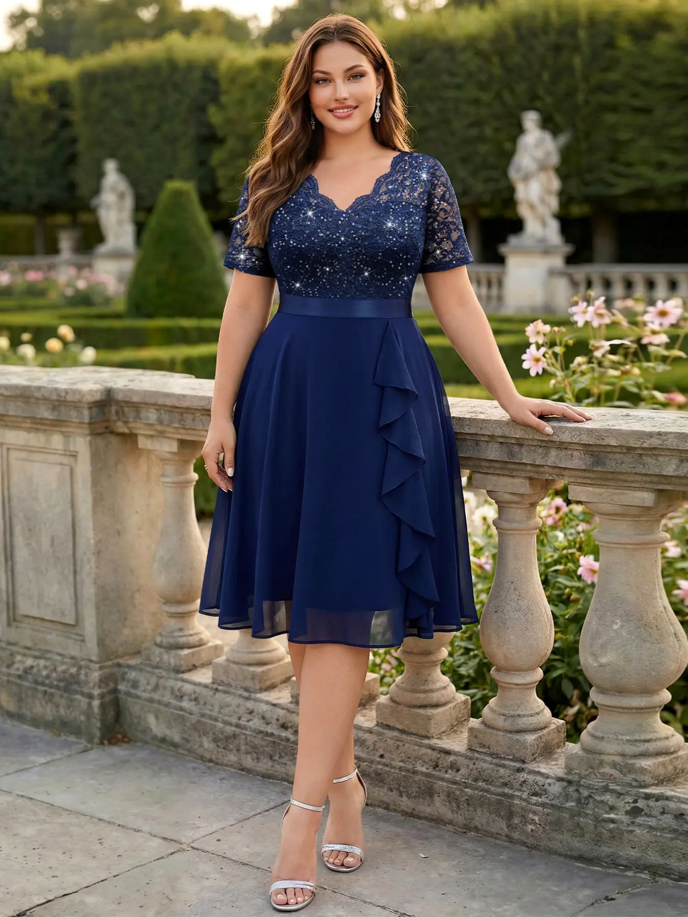 MISSMAY P84118A Plus Elegant V-Neck Sequin Floral Lace Contrast Chiffon Ruffle Trim Formal Cocktail Party Swing Dress