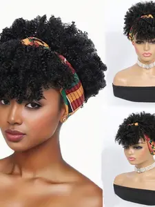 Women's Headband Wig, Afro Kinky Curly Design, Afro Kinky Wigs, Synthetic Short Straight Hair, Synthetic Material Wigs, All-Season Wear, Durable & Stylish