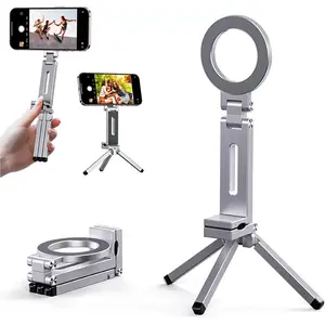 GJ-L-CPS014  Magnetic Tripod for iPhone 16/15/14/13/12 Plus Pro Max Series,Aluminium Mini Magnetic Phone Tripod for iPhone & MagSafes,360° Adjustable Magic Clip Folding Magnetic Phone Stand,1/4" Screw