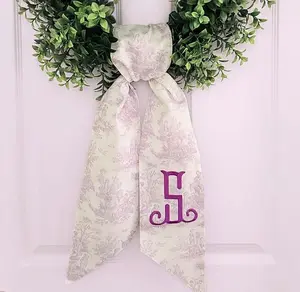 Monogrammed Lavender Toile Wreath Sash for Front Door - Personalized Embroidered Easter Spring Home Decor