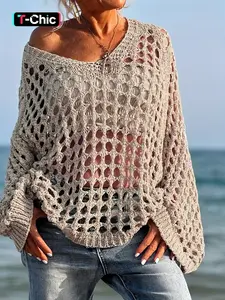 Women's V Neck Drop Shoulder Sleeves Knit Sweater, Comfy, Breathable, Sheer and Stylish Knitwear for Spring Summer Casual Wear, Beach Vacation and Sun Protection, Womenswear