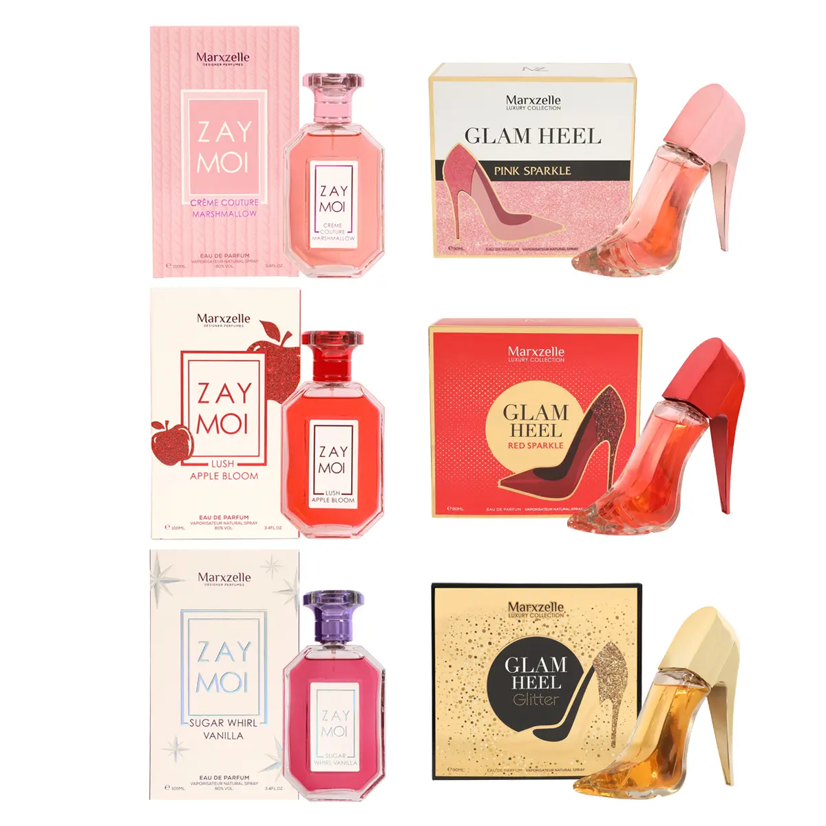 Marxzelle Women's Creator Package 1 - Zay Moi Creme Couture(MZ1022), Zay Moi Lush(MZ0995), Zay Moi Sugar Whirl(MZ1015), Glam Heel Pink Sparkle(MZ2648), Glam Heel Red Sparkle(MZ2624), Glam Heel Glitter(MZ2631) Perfume for Women