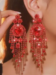 Rhinestone Decorated Dangle Earrings, Fashionable Long Tassel Earrings for Women, Elegant Jewelry for Party, Daily Clothing Decor, High Quality Earrings