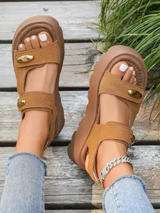 Women's Thick Sole Roman Casual Trendy Sandals Open Toe Platform, Summer Fashion Casual PU Leather Slippers, Soft Rubber Outwear Shoes, Plain Design