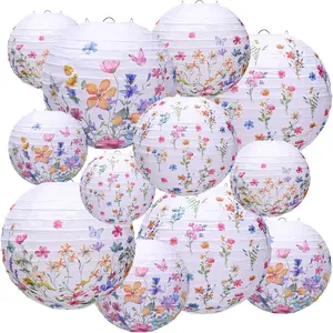 12-Piece Wildflower Paper Lantern Set Flower Party Decorative Flower Paper Round Lantern Wildflower Light Set Suitable for Spring Bridal Shower Wedding Birthday Tea Party Supplies