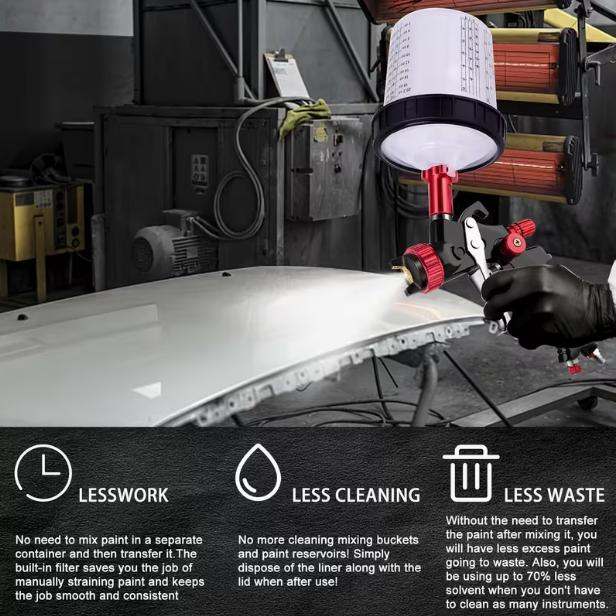 50pcs Disposable Paint Spray Gun Cup Liners And Lid System with 50pcs Paint Cups with Lids, Hard Cup with Retainer Ring, 2 Cup Adapter, Paint Stirrer, for Automotive Paint Gun