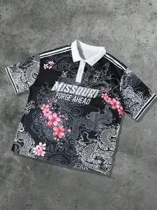 Men's Dark Aesthetic Polo Shirt featuring Bold White Dragon & Sakura Graphic | Retro Missouri Streetwear Top with Contrast White Collar | Oversized Short Sleeve Jersey for Night Out & Urban Techwear Style