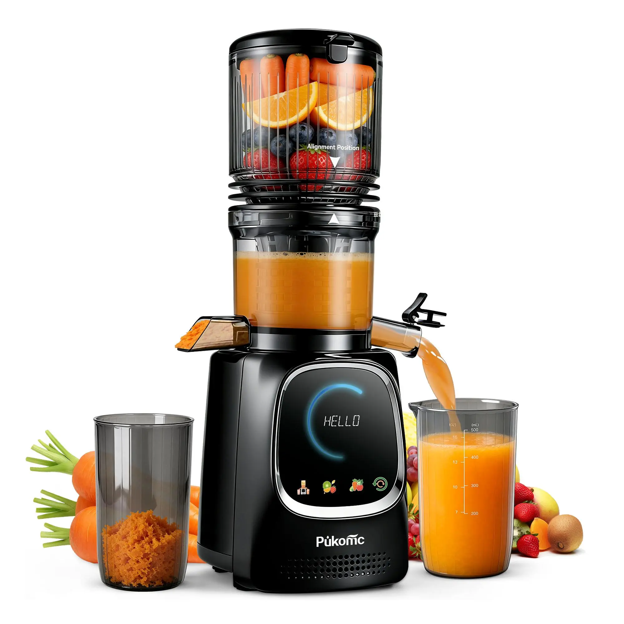 Pukomc Cold Press Juicer Machine, Slow Masticating Juicer with 5.3" Large Feed Chute, High Juice Yield, Easy Clean Removable Parts, Metal Body Juice Extractor for Whole Fruits & Vegetables