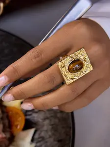 Vintage Various Styles Brown Tiger Eye Stone Ring For Women Jewelry 18K Gold Plated Stainless Steel Stacking Rings Gift