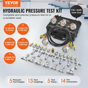 VEVOR Hydraulic Pressure Test Kit, 10/100/250/400/600bar, 3/5 Gauges 6-13 Couplings 14 Tee Connectors 5 Test Hoses, Excavator Hydraulic Test Gauge Set with Carrying Case for Excavator Tractors Machinery