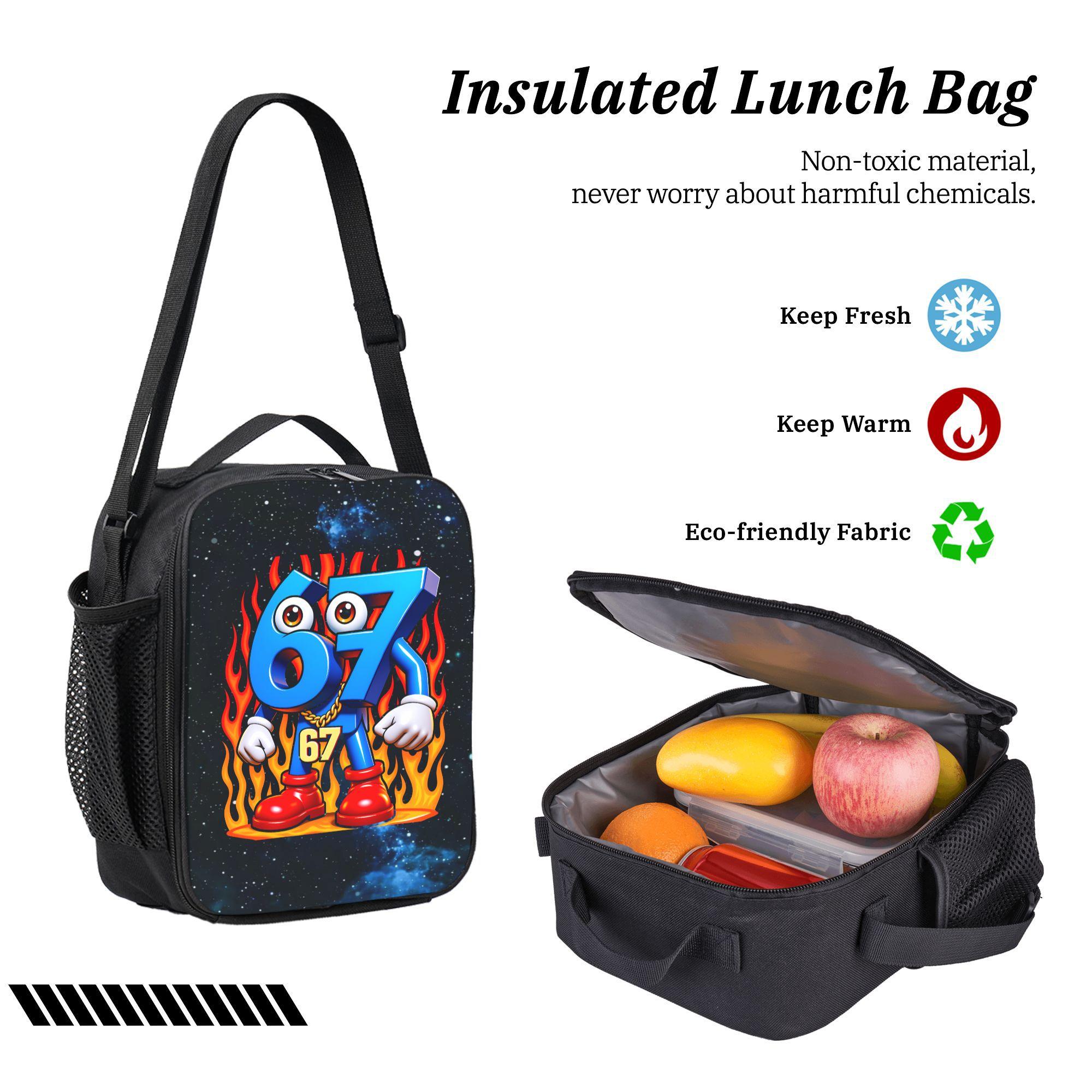 ‘67’Backpacks, shoulder bags, and storage bags in packs of 1, 2, or 3, featuring a flame-themed blue "67" cartoon character, gold chain, and red boot pattern. 2D print. Stylish and versatile, suitable for urban life, commuting, school, and everyday use.