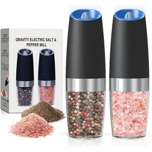 Battery Operated Salt and Pepper Grinder Set with LED Light, Automatic Electric Gravity Salt and Pepper Shakers, Adjustable Roughness, 2 Pack (Black) - Each Requires 6 AAA Batteries