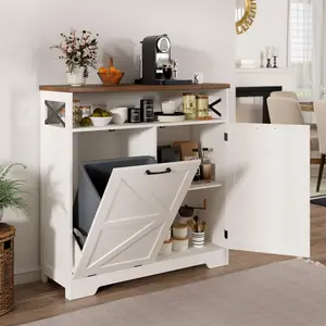 Vabches Tilt Out Trash Can Cabinet for 10 Gallon Trash Can, Farmhouse Kitchen Island Bin Cabinet with Adjustable Shelf for Hidden Laundry Basket, Dual Dog Proof Garbage Can for Dining Room, Living Room, White