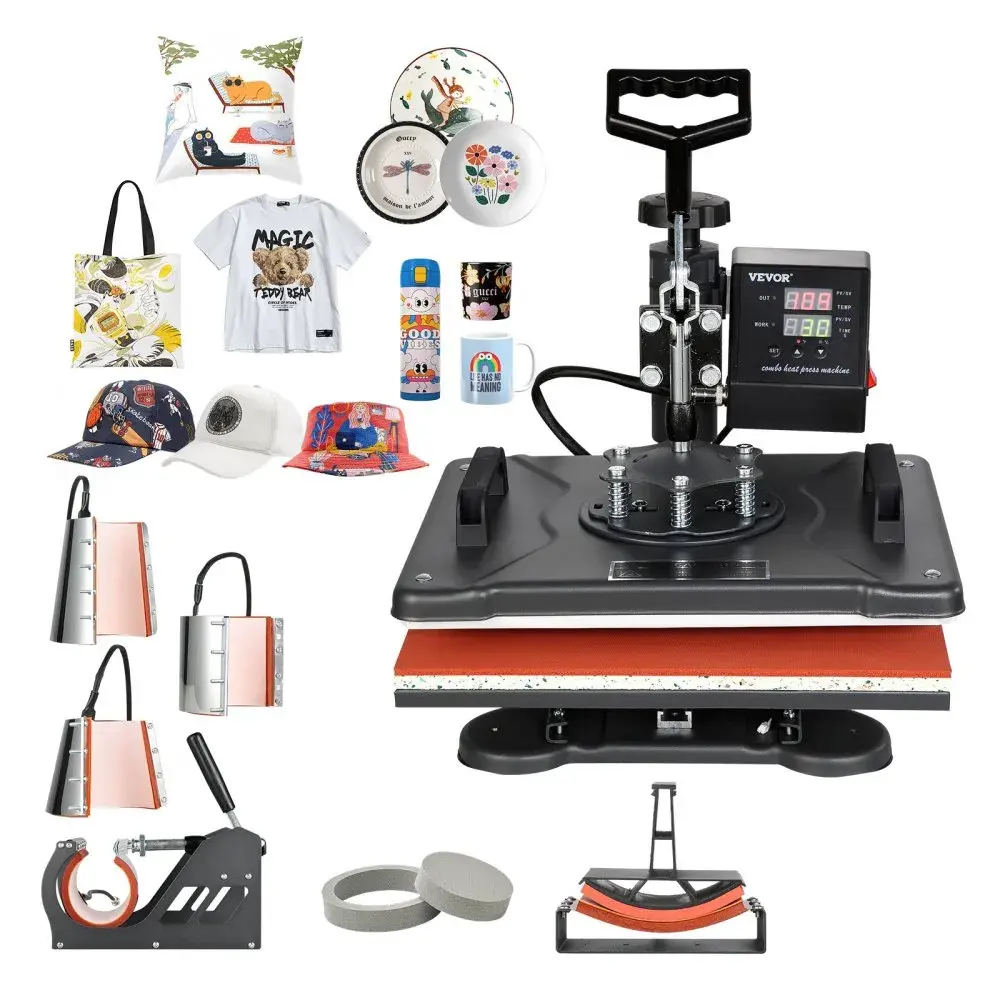 【Summerfinds】VEVOR 8-in-1 Combo Digital Heat Press Machine, 12x15 in LCD Screen/LCD Display Sublimation Transfer Tool, 360-Degree Rotation Swing Away for Custom DIY Printing DIY Craft Supplies (T-Shirts, Mugs, Caps, Plates), Adjustable Arm, 12X15 Inch, Cl