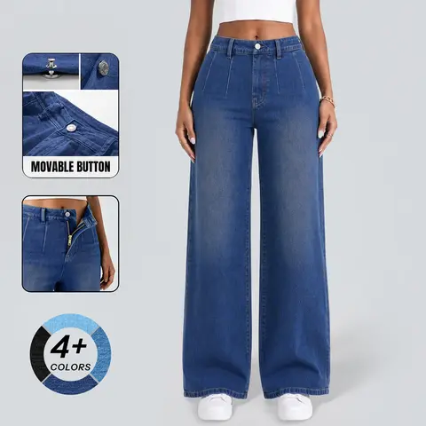 【Mid-Rise】JEKAOYI Wide Leg Jeans for Women, Stretch Denim Pants with Shape Recovery and Functional Pockets, Curvy Fit for Casual Everyday Wear