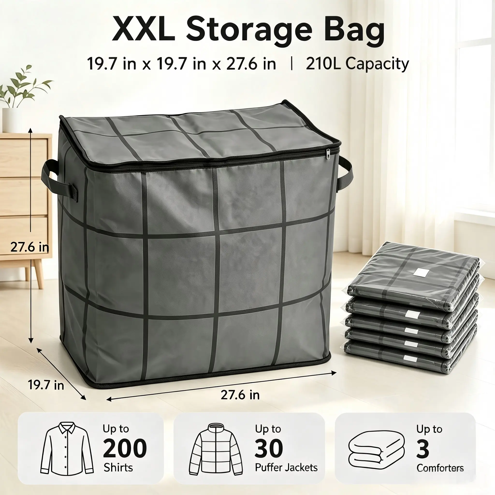 210L Large-Capacity Fabric Moving Storage Bin - Zippered Organizer for Quilts, Bedding, Closet Sports & Outdoor Duffel Gym Bag Solution travel beach