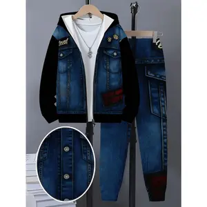A Two-Piece Set Boys Featuring a Casual Zip-Up Hoodie And Sweatpants, with 3D Printing, Stylish And Easy Design, Perfect Comfortable And Autumn Sportswear, Suitable Jogging And Everyday Wear, Outdoor
