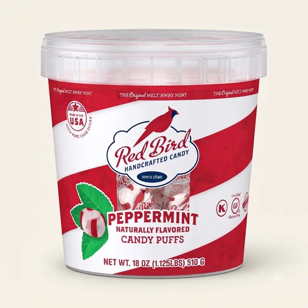 Red Bird Soft Peppermint Candy Puffs 18 oz Tub Allergen Free Gluten Free Melt In Mouth Mint Candy Individually Wrapped