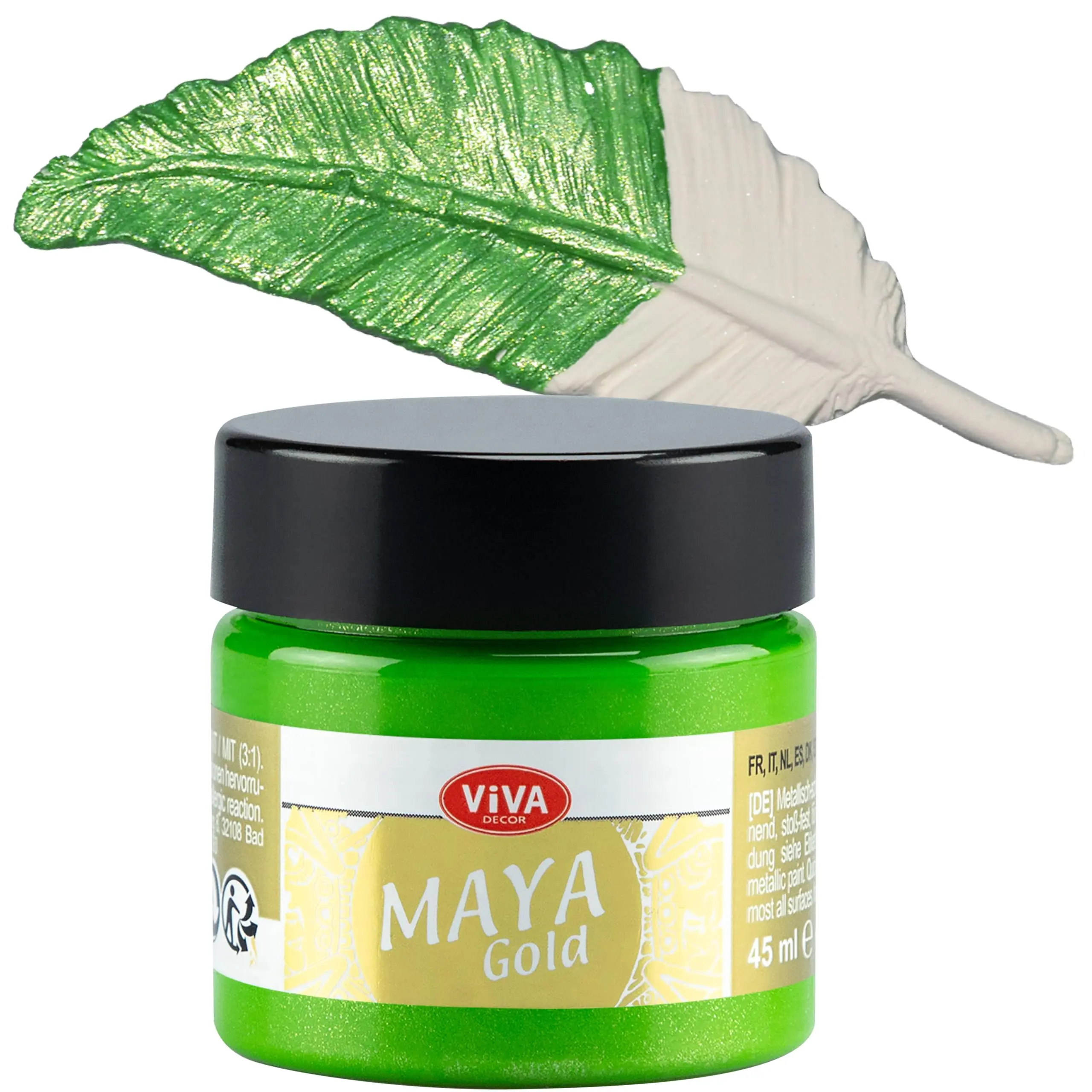 Viva Decor Maya Gold (Apple Green) 1.52 Fl Oz - Shiny metallic acrylic paint for creative works on wood, glass, and porcelain. Impact-resistant, smudge-proof, and weatherproof for long-lasting results