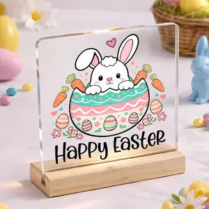 Easter Acrylic Tabletop Sign with Bunny & Egg Design, Spring Home Decor for Living Room, Bedroom, Desk, Aesthetic Holiday Display
